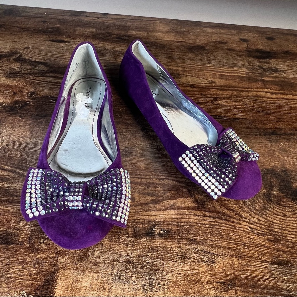 Bamboo Purple Rhinestone Bow Flats Faux Suede Crushed Velvet Shoes women's 7.5